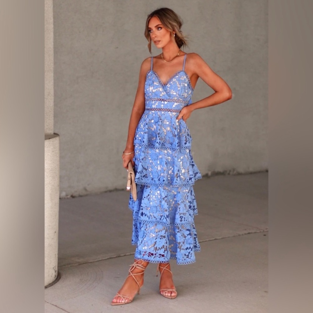 Just Me Crochet Lace Floral Midi Dress - Dusty Blue